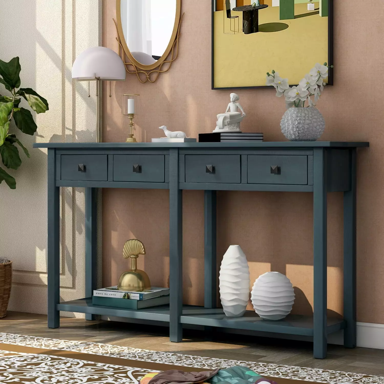 Antique Navy Rustic Console Table Drawer and Bottom Shelf Solid Wood Entryway Living Room Decor Console Ponnky