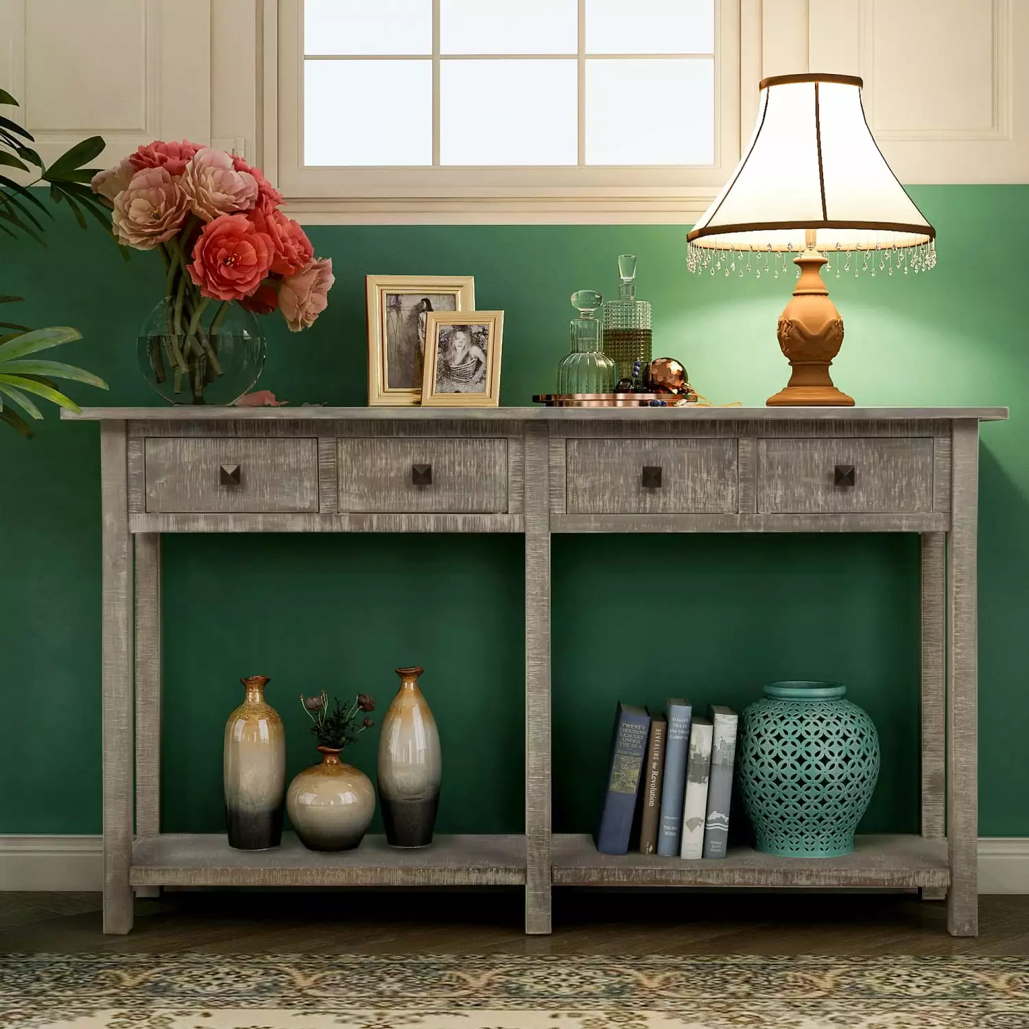 Rustic Grey Wash Entryway Console Table Drawers and Bottom Shelf - Industrial Style Accent Furniture Console Ponnky