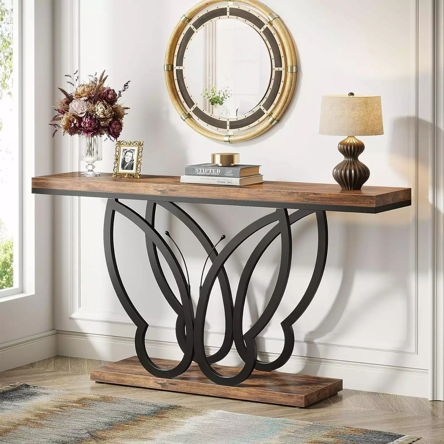 Tribesigns 55-Inch Rustic Console Table Butterfly Metal Frame Long Wooden Sofa Table Living Room Console