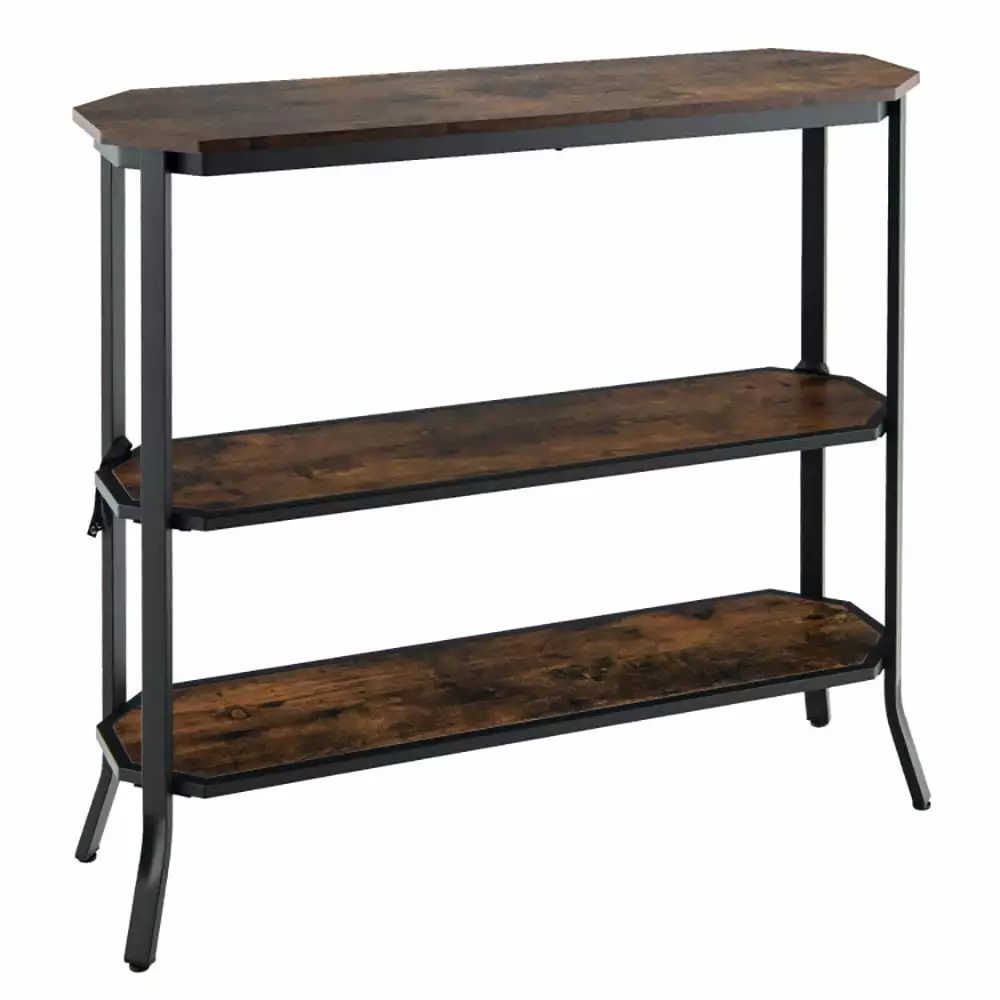 YYAo Rustic Brown 3-Tier Steel Frame Entryway Sofa Console Table Hallway Living Room Console