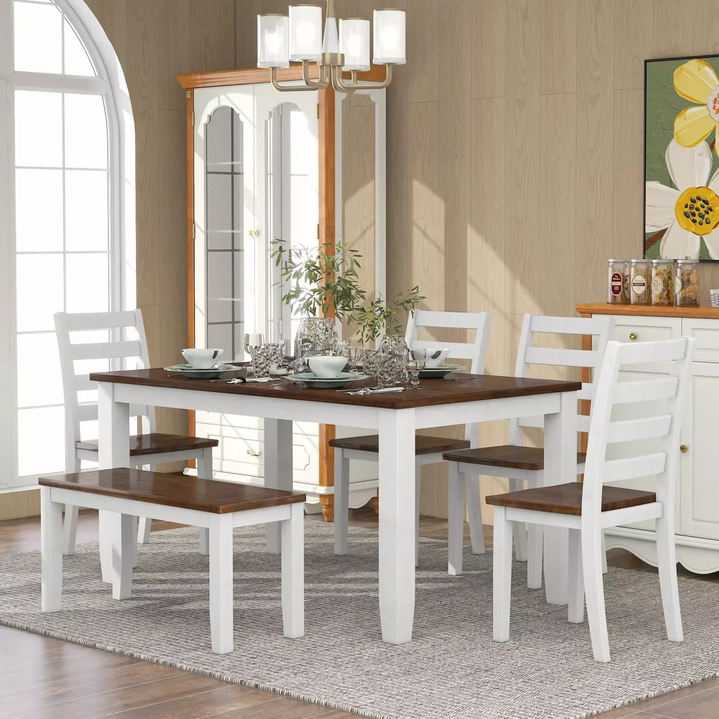 Rustic 6-Piece Dining Set Walnut and Cottage White 4 Chairs and Bench Benches HATNOKIL