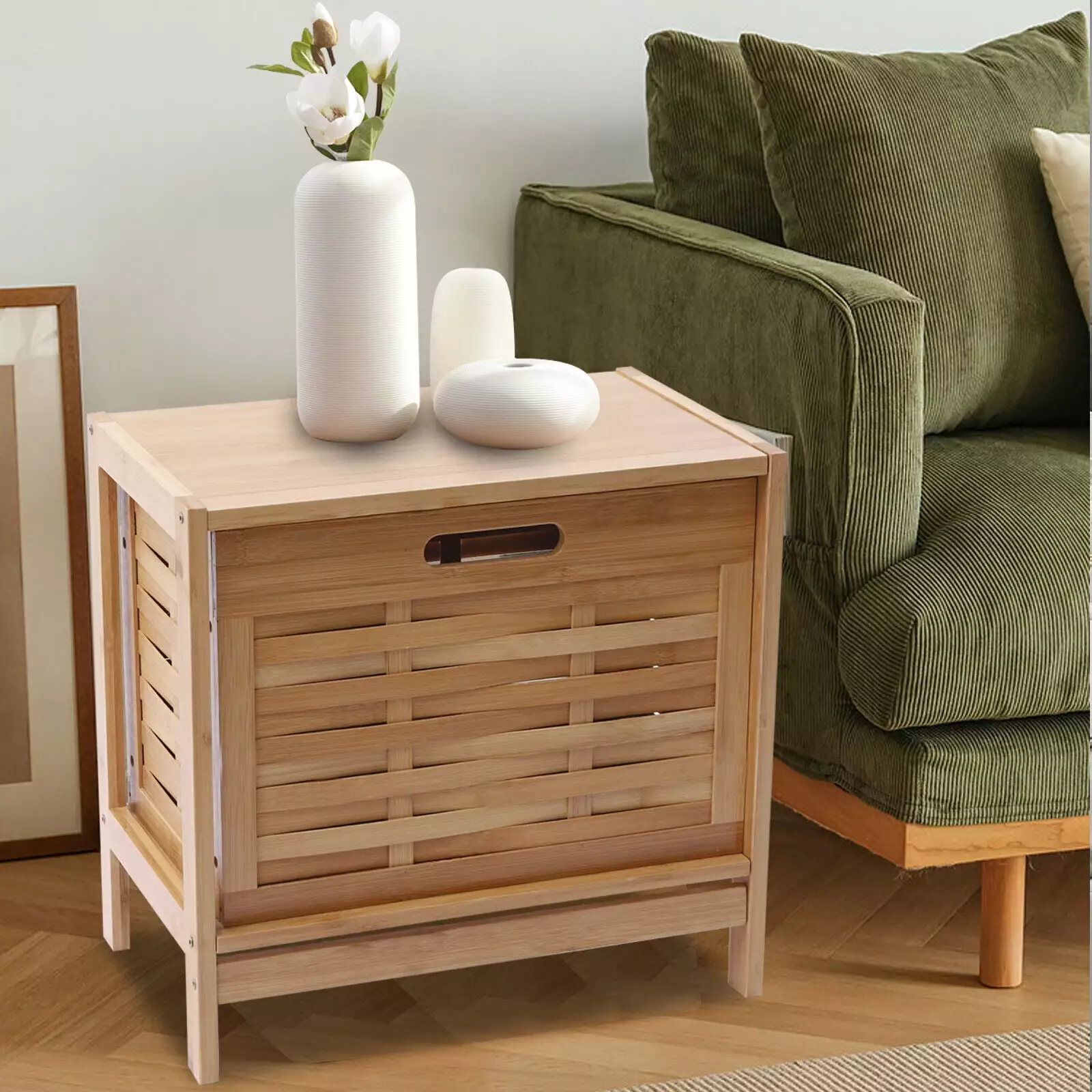 Miumaeov Modern Cube Side End Table Pull-Out Storage Rustic Nightstand Natural