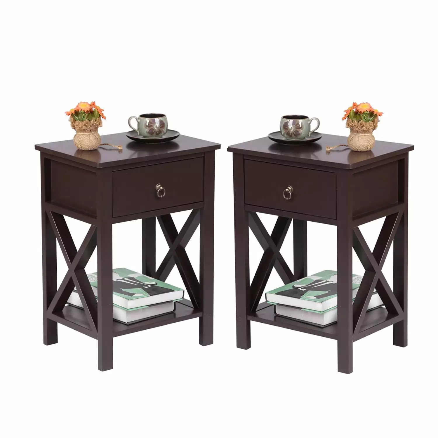 SamyoHome Set 2 Bedroom Rustic Nightstand Bedside End Tables Drawer Storage Brown