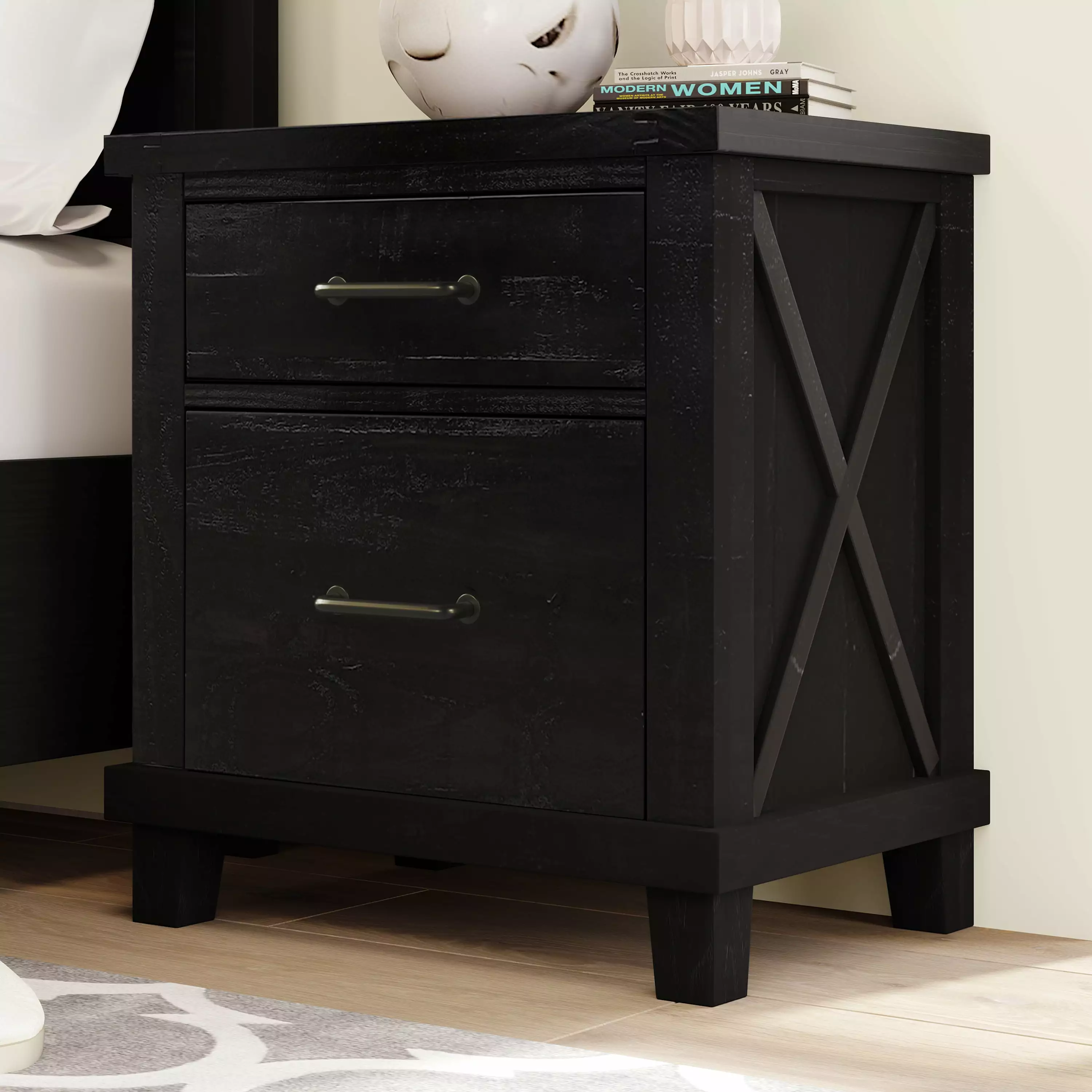 Rustic Farmhouse Style Solid Pine Wood Two-Drawer Nightstand Bedroom Wobythan