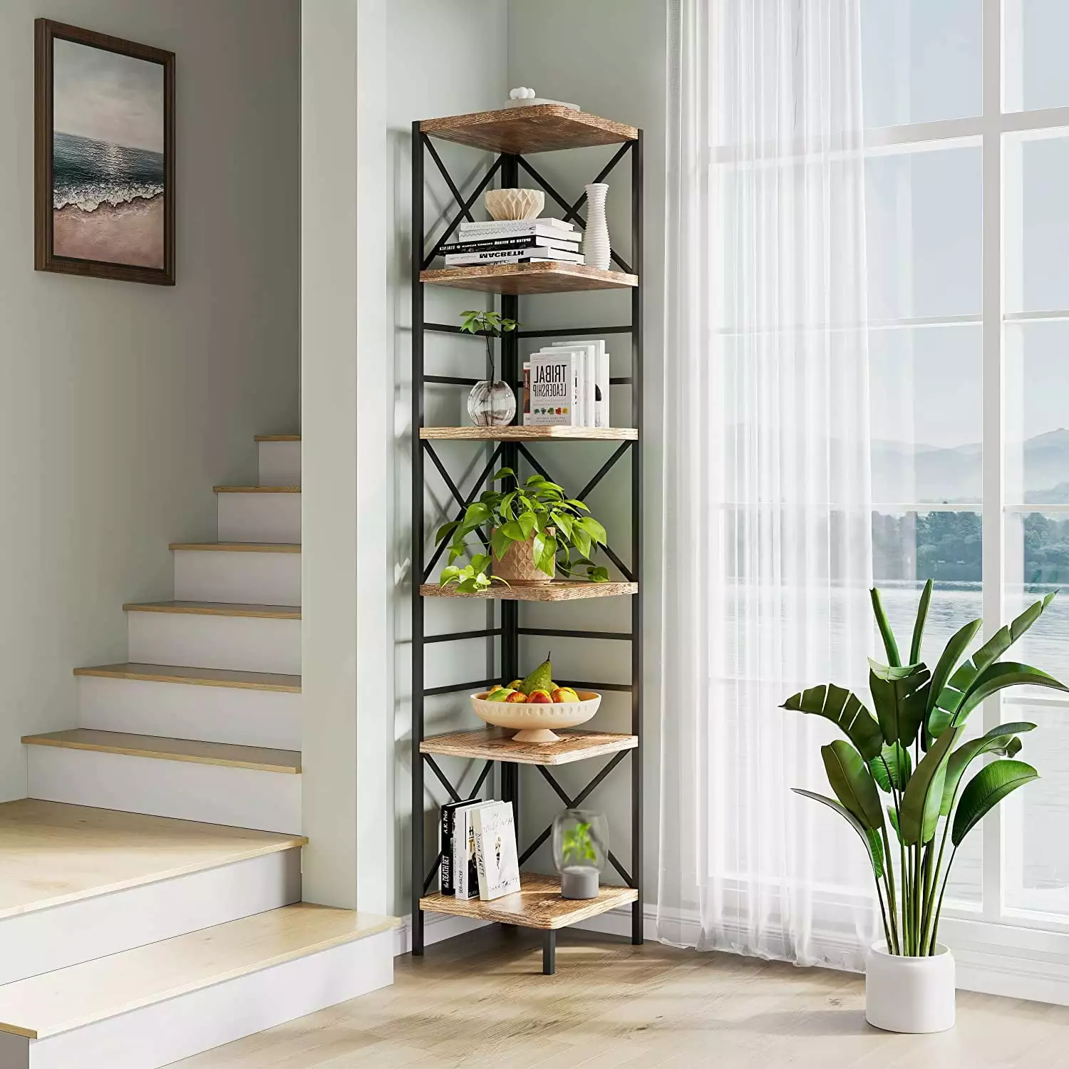 Tolead 6-Tier Rustic Wood Corner Bookshelf Metal Frame Living Room Large Brown Finish