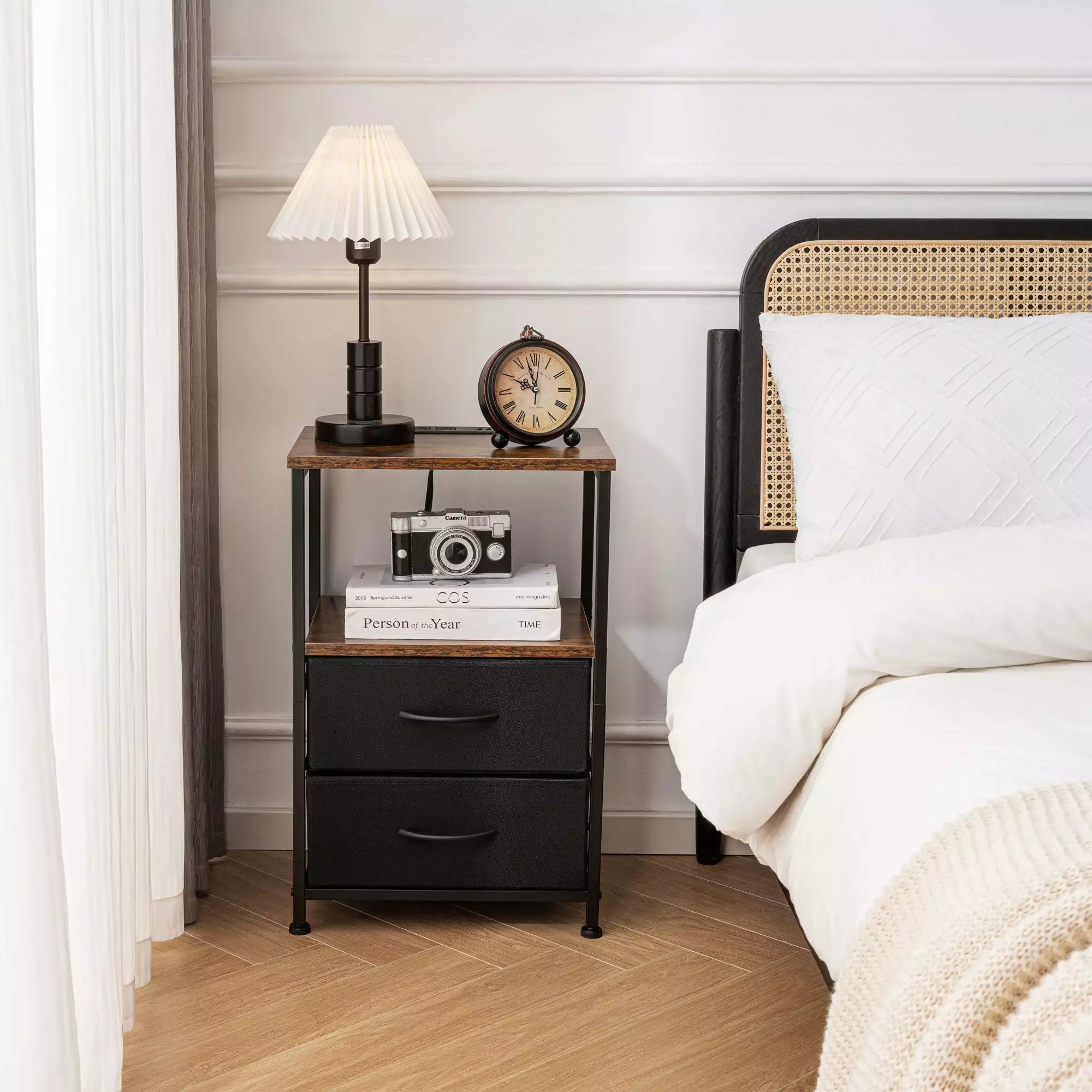 Bigroof Bedside Side Table Bedroom Dorm - Steel Frame Night Stand Fabric Storage Drawer Rustic Brown
