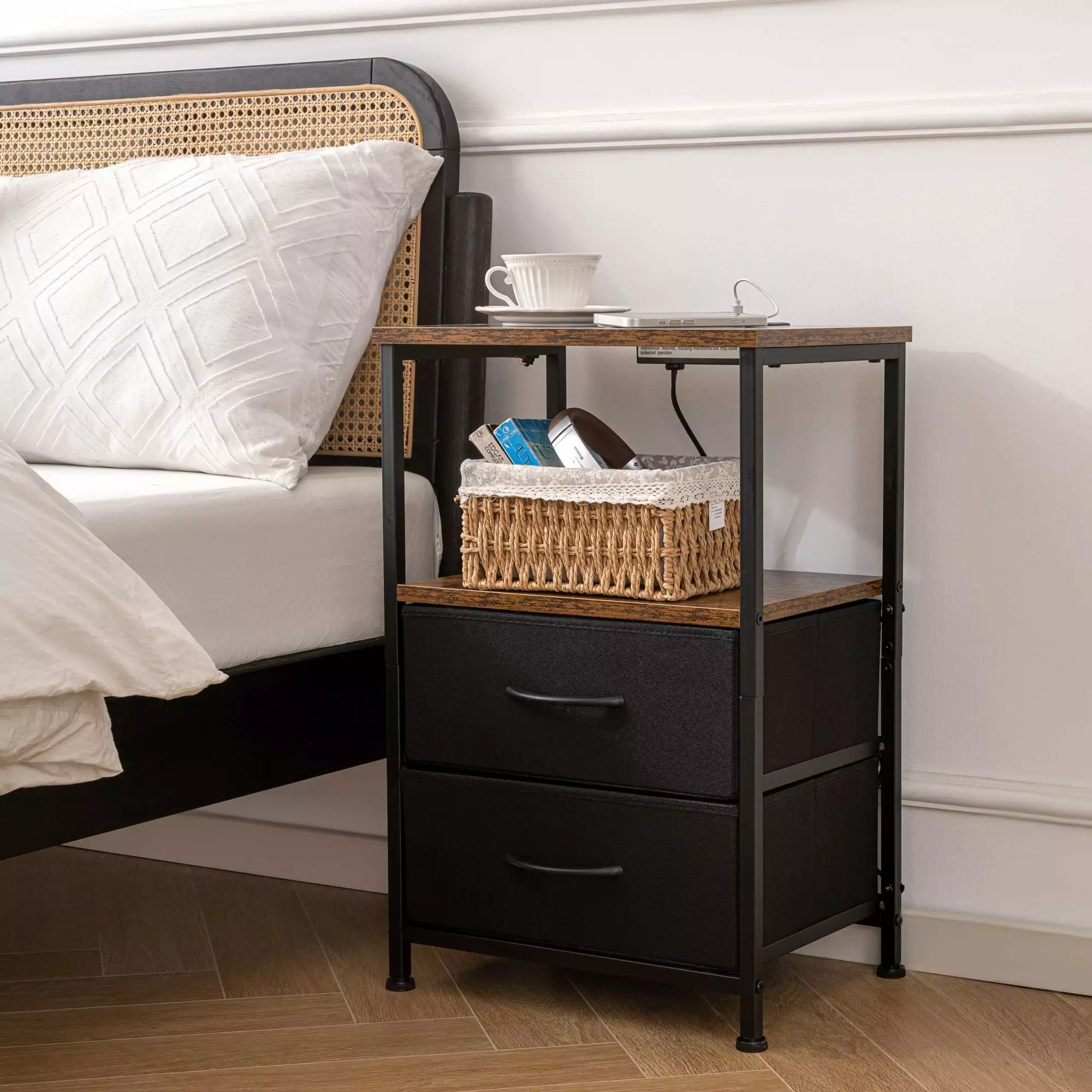 Bigroof Nightstand Charging Station - Side Table Large Drawer and Storage Shelf USB Ports and Outlets Rustic Bedside Table