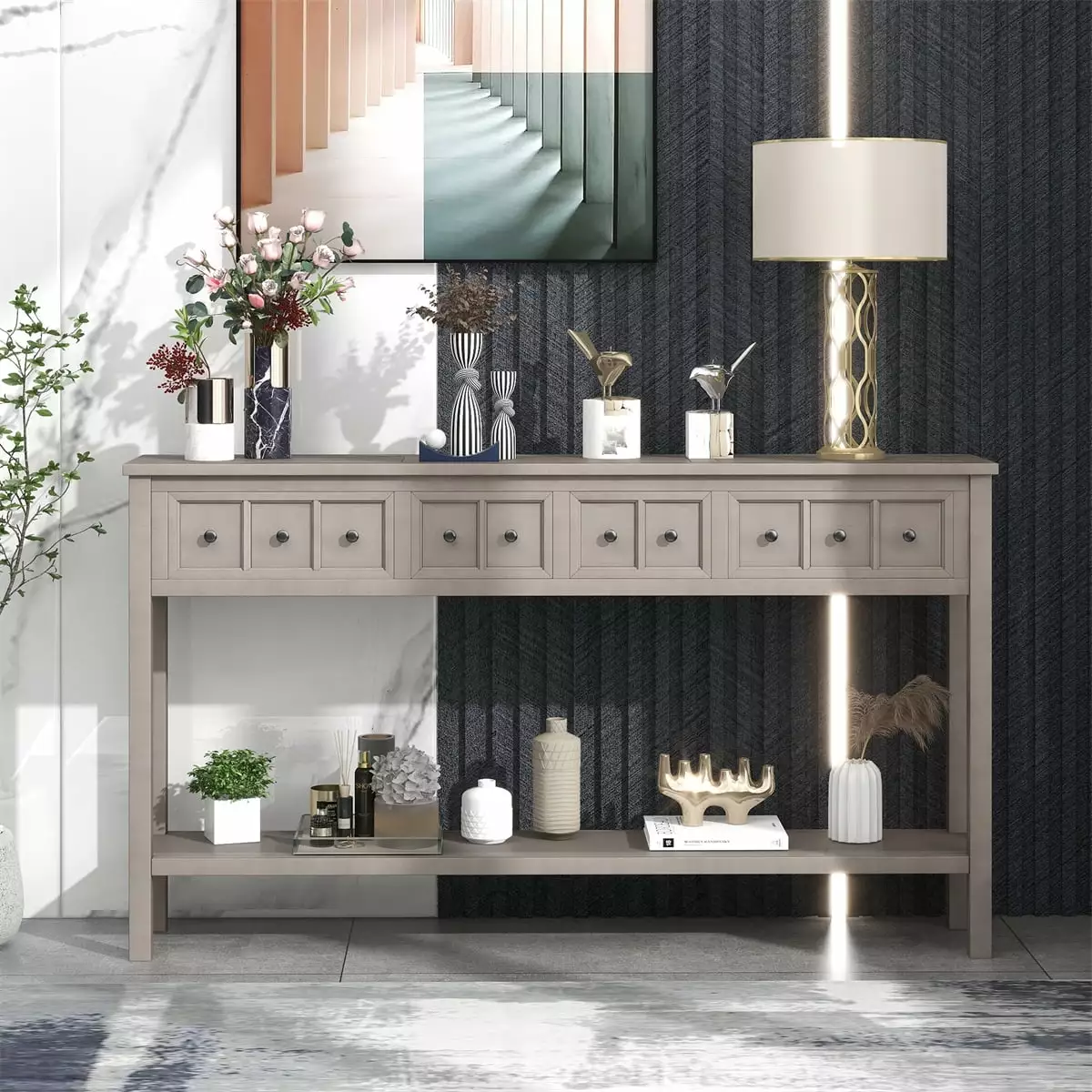 JINS&VICO 60 Inch Rustic Wood Console Table Two Drawers - Gray Wash Narrow Sofa Table Console JINS & VICO