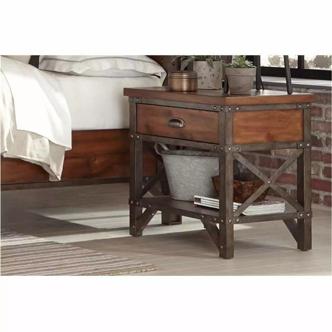 Holverson Night Stand Rustic Brown Milk Crate Style - 24 x 18 x 24 - Farmhouse Bedroom Furniture Made4Mattress