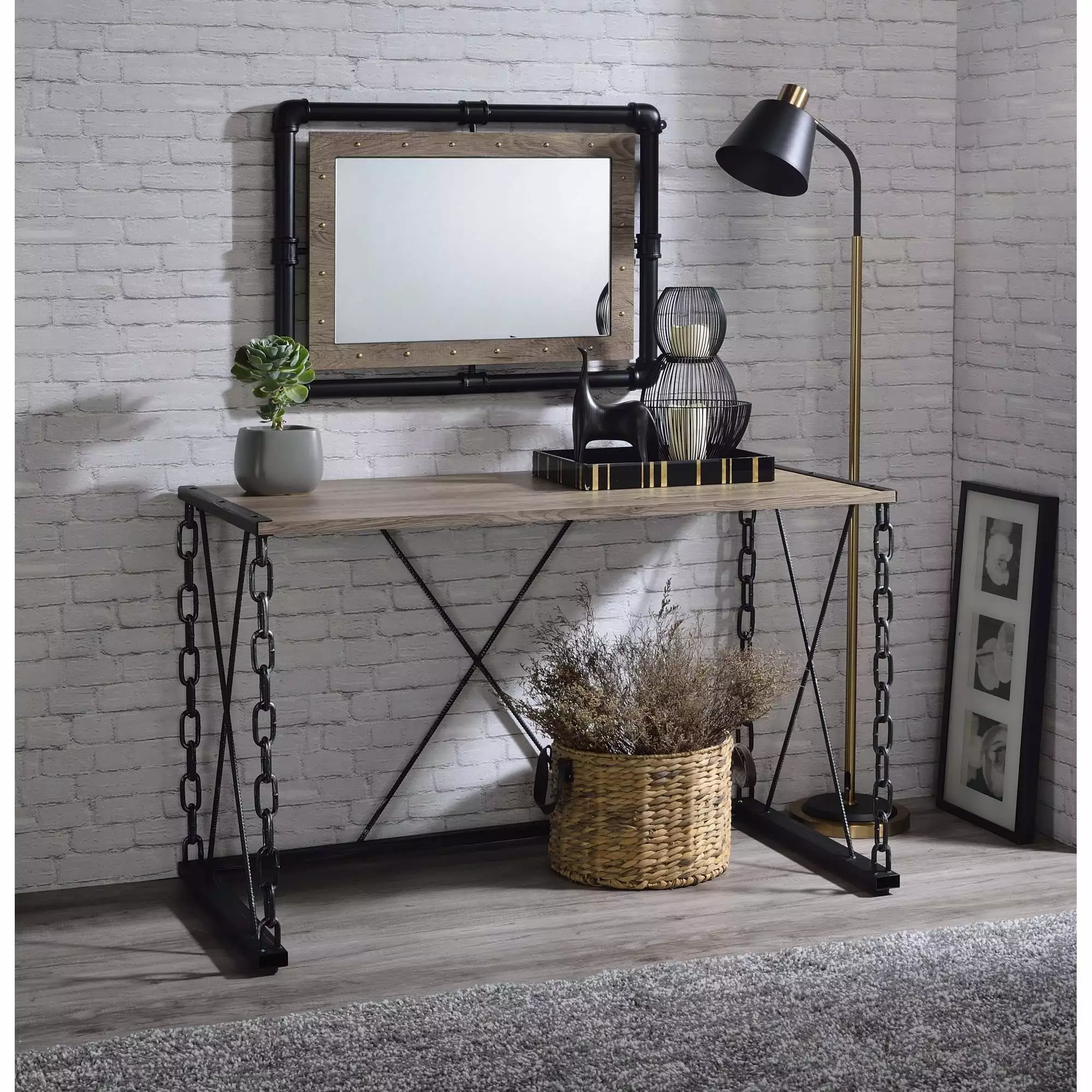 Miekor Furniture Jodie Console Table Rustic Oak Antique Black Finish Entryway Sofa Table Console