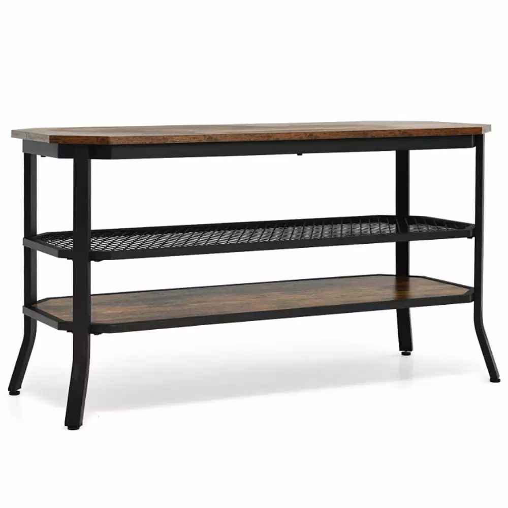 Yardi Yard 3-Tier Rustic Brown Console Table - Narrow TV Stand Mesh Storage Shelf Console