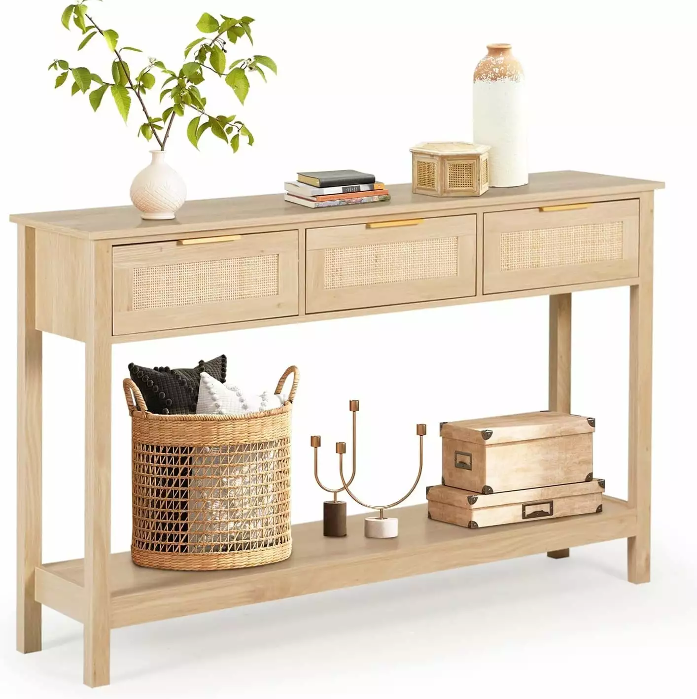 51 Inch Oak Grain Console Table 3 Bamboo Weaving Drawers Rustic Entryway Console YoJoFHM