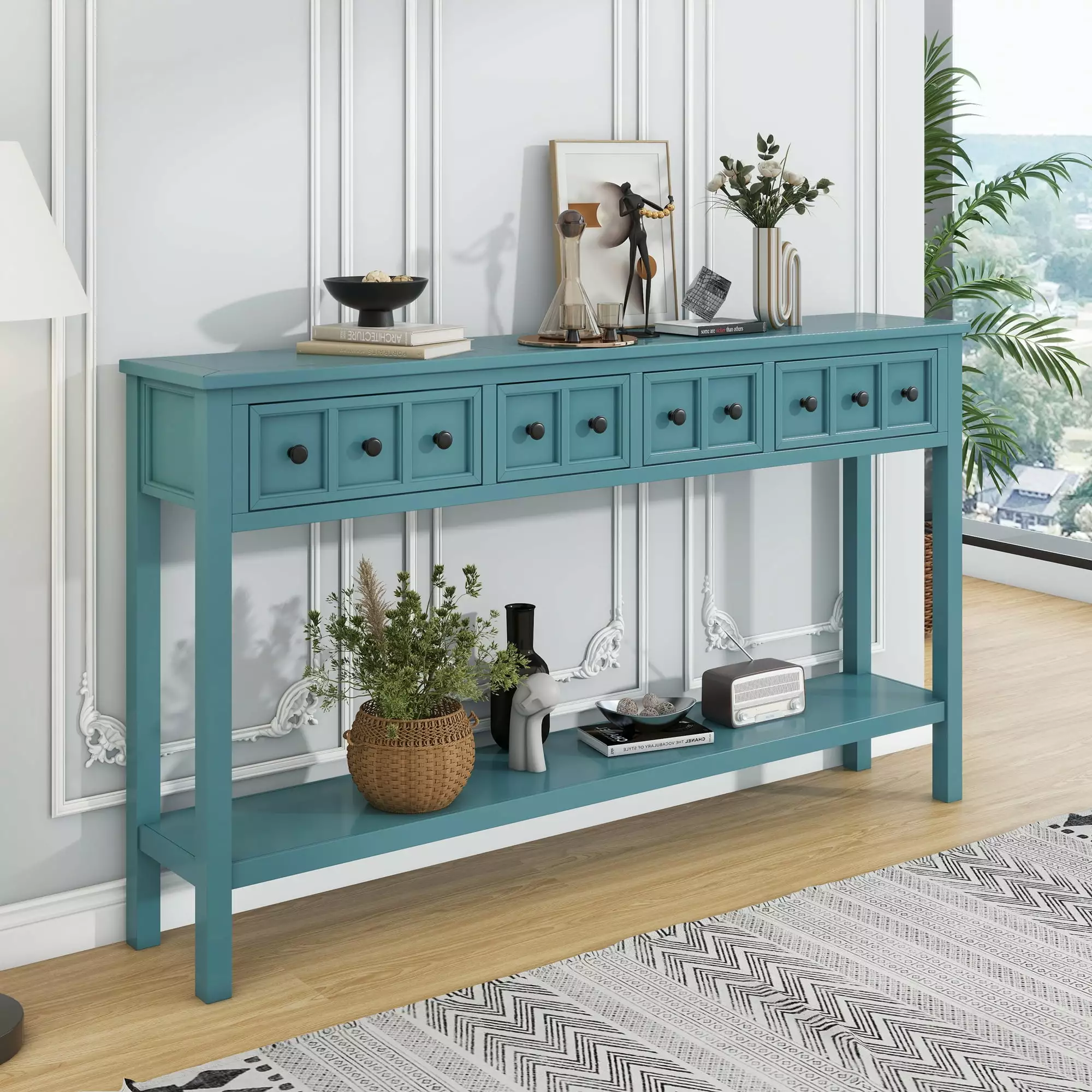 Rustic Entryway Console Table 60 Inch Long Sofa Table Drawers and Shelf Turquoise Green Console CNCJ
