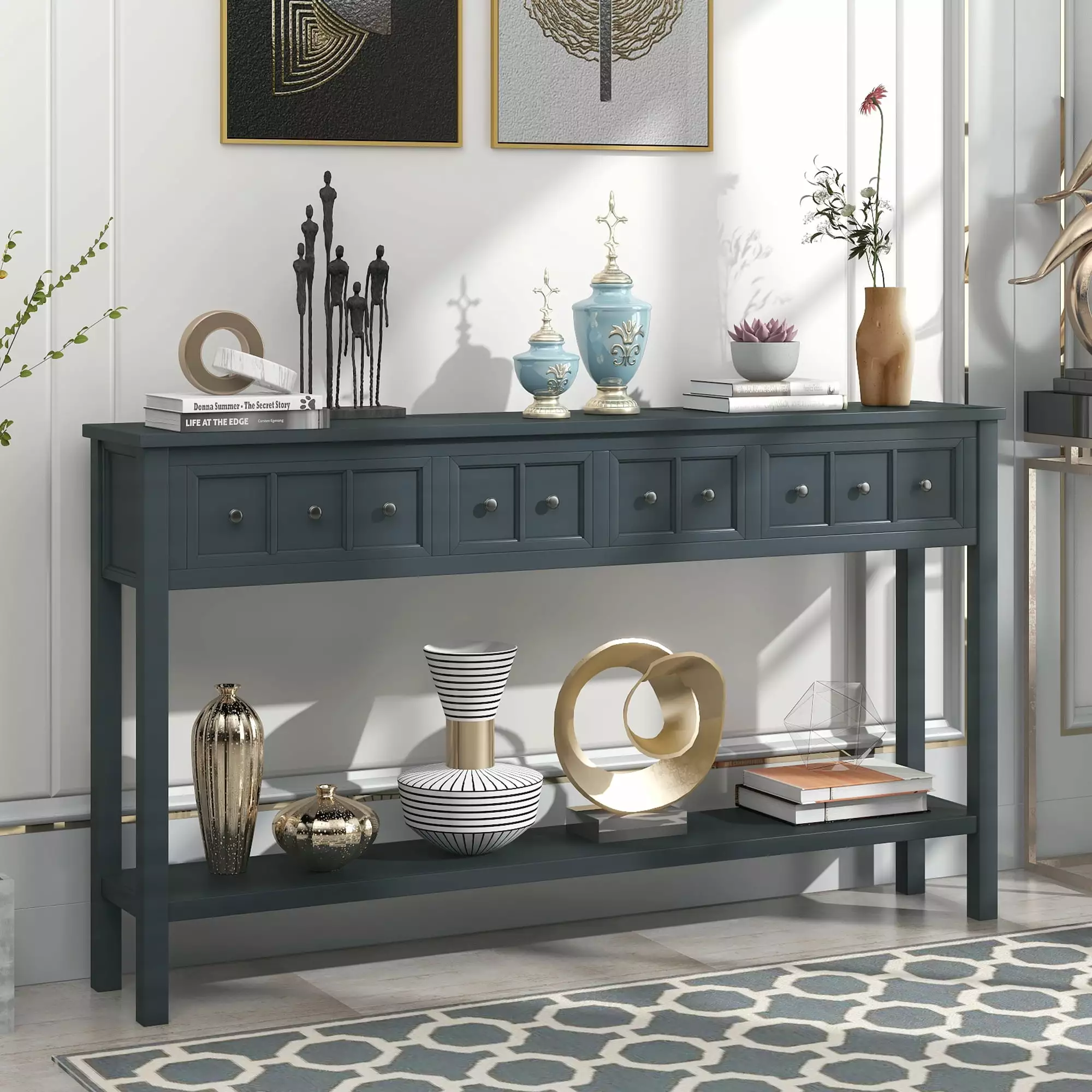 Rustic Entryway Console Table 60 Inch Long Sofa Table Drawers and Shelf Navy Console CNCJ