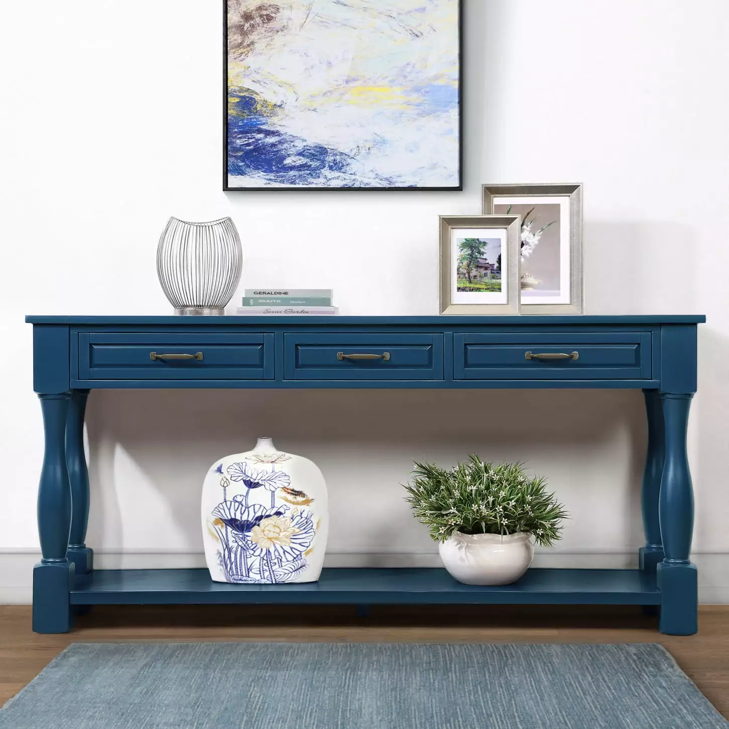 63-inch Pine Wood Console Table Navy Blue 3 Drawers and Bottom Shelf Console HATNOKIL