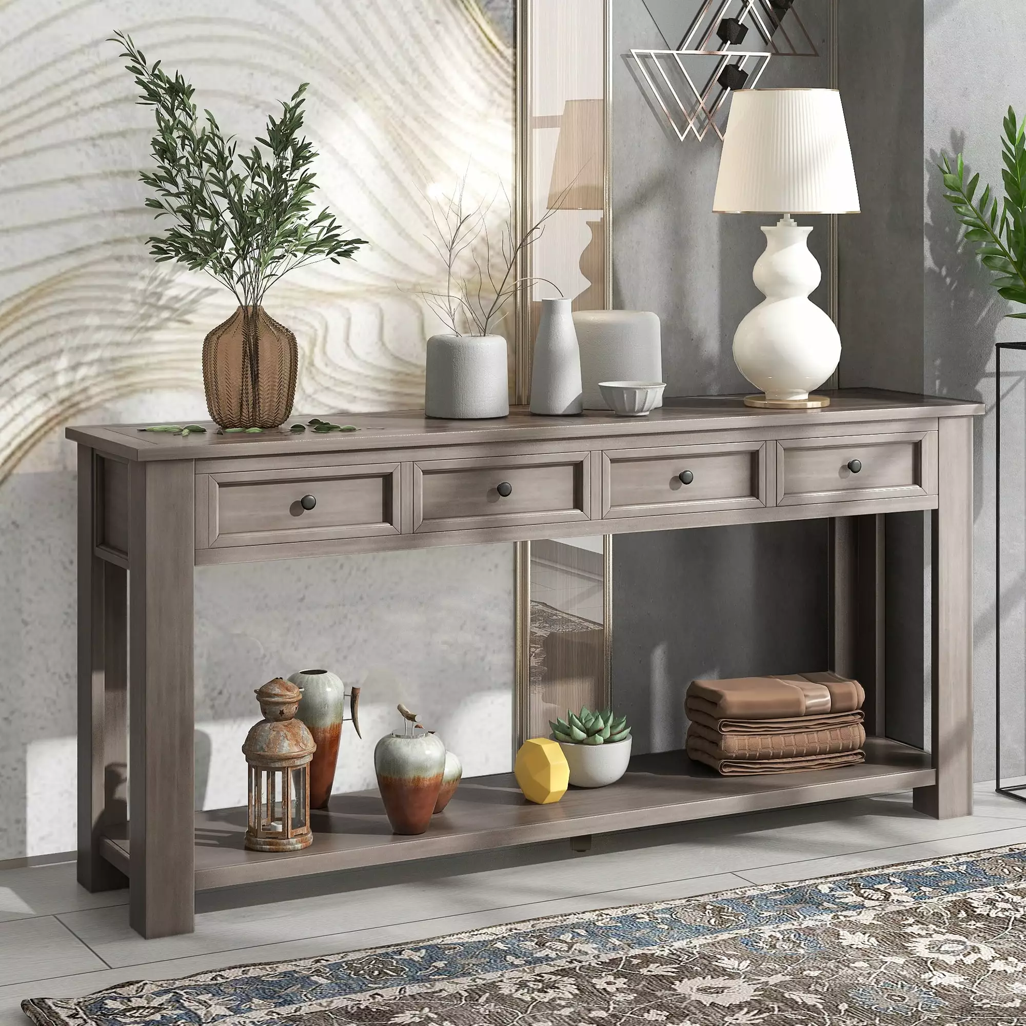 Gray Wash Console Table Storage Drawers and Bottom Shelf Hallway Console Miekor