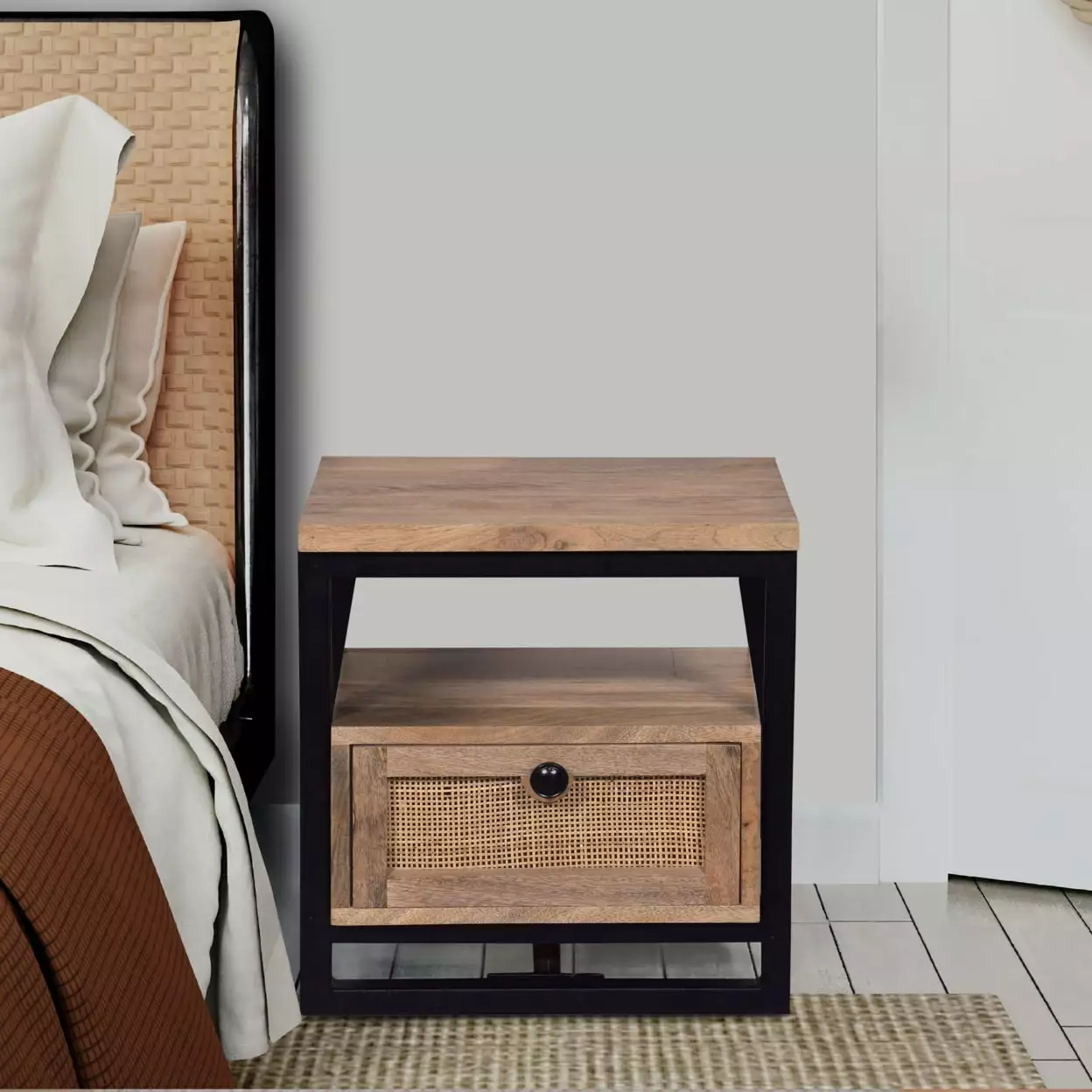 18 Inch Nightstand End Table - Natural Brown Mango Wood Black Iron Frame and Drawer Saltoro Sherpi
