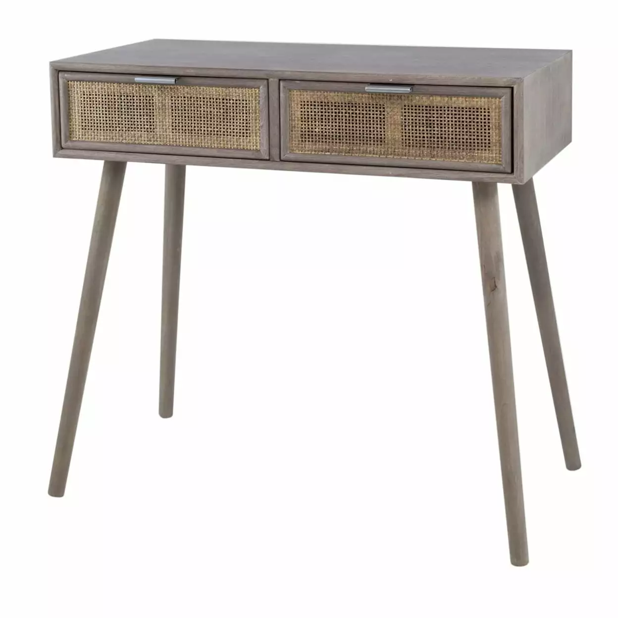 Pia 31 Inch Pine Wood Console Table 2 Drawers and Woven Rattan Rustic Brown Console Saltoro Sherpi