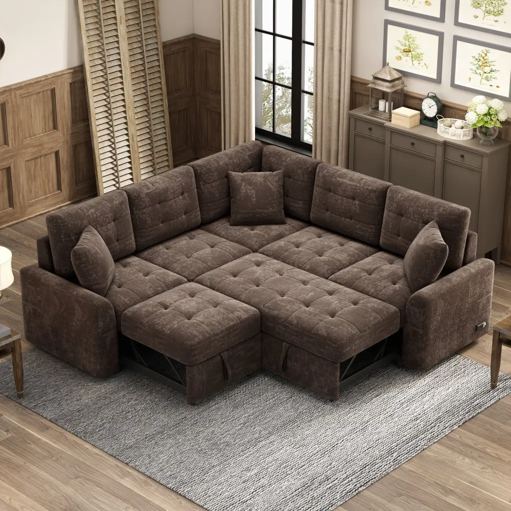Miekor Furniture 82.6 L-Shape Sofa Bed Pull-out Sleeper Sofa Wheels, USB Ports and Power Sockets - Brown