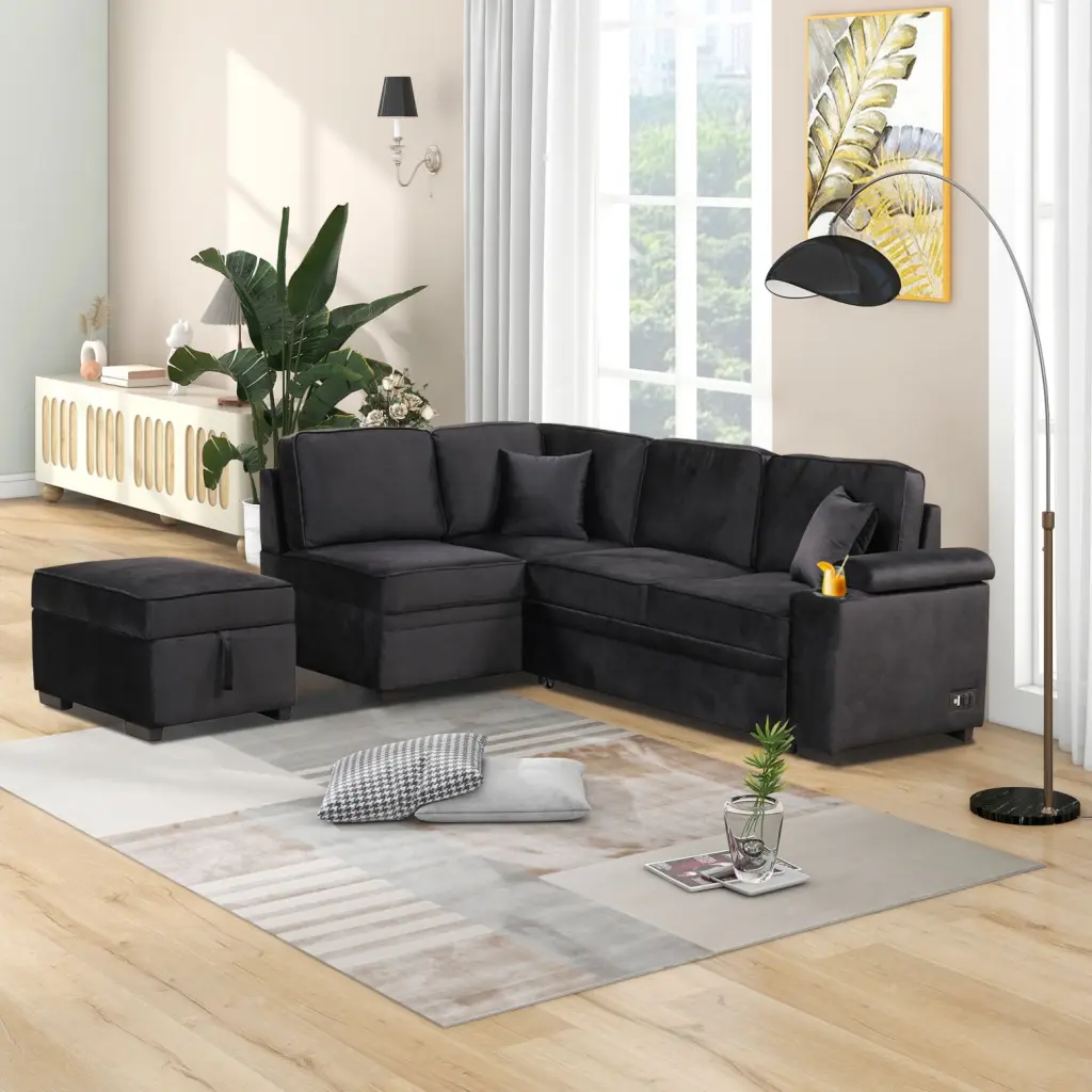 Chic Black Sleeper Sofa Bed - L-Shape 2--1 Pull Out Couch Storage Ottoman Modern Living Ponnky