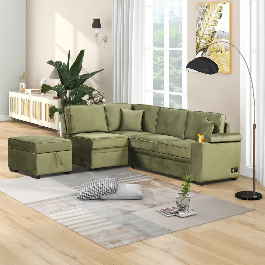 Sleeper Sofa Bed Refreshing Green - 2--1 L-Shape Pull Out Couch Storage Ottoman Ponnky