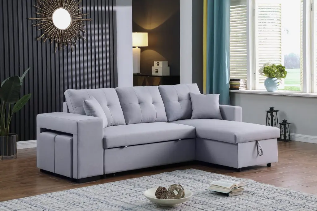 Dennis 93 Light Gray Linen Fabric Reversible Sleeper Sectional Storage Chaise and 2 Stools Ghislaine
