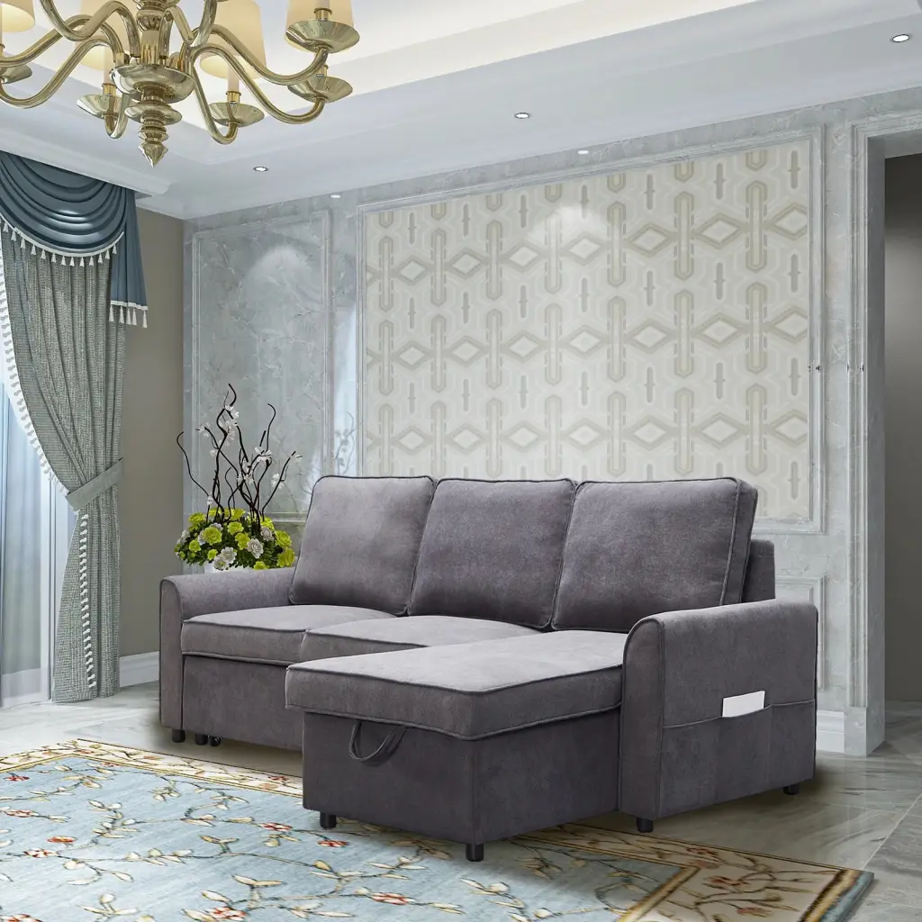 Modern L-Shaped Sofa Bed Chaise Reversible Pull-Out Bed Storage 4-Seat Linen Fabric Dark Grey unknown