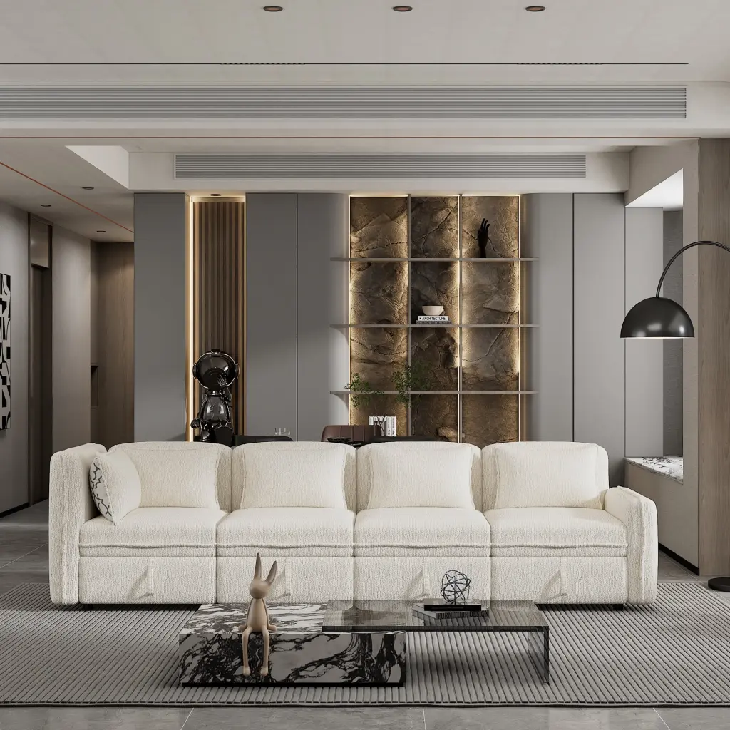 Convertible Modular Minimalist 4 Seater Sectional Sofa Chenille Fabric 5 Pillows Cream ANTFURN