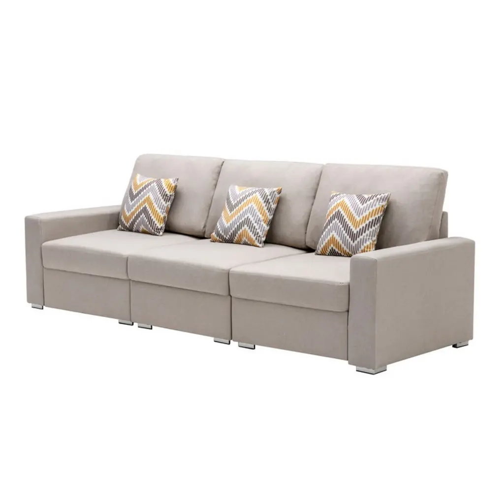 BenJara Meg 96 Inch Adjustable Modern Sofa Throw Pillows Beige Fabric Large Living Room Sectional