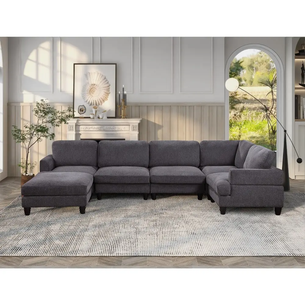 DeeHome Modular Sofa Sectional Couch U Shaped Sofa Ottoman 6 Seat Chenille Corner Sofa Dark Gray