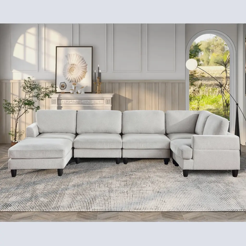 DeeHome Modular Sofa Sectional Couch U Shaped Sofa Ottoman 6 Seat Chenille Corner Sofa Light Gray