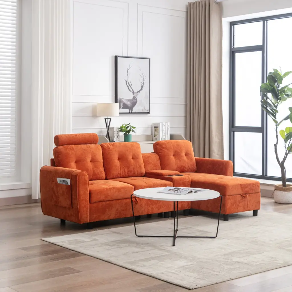 Bright Orange Cozy Sectional Sofa Storage and Soft Cushions Modern Living Room HATNOKIL