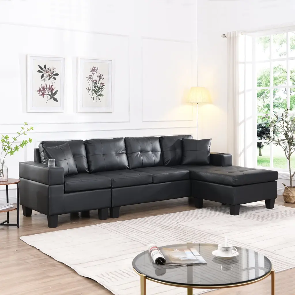Hommoo 4 Seat PU Leather Sectional Sofa Set L Shape Cup Holder Reversible Chaise Black