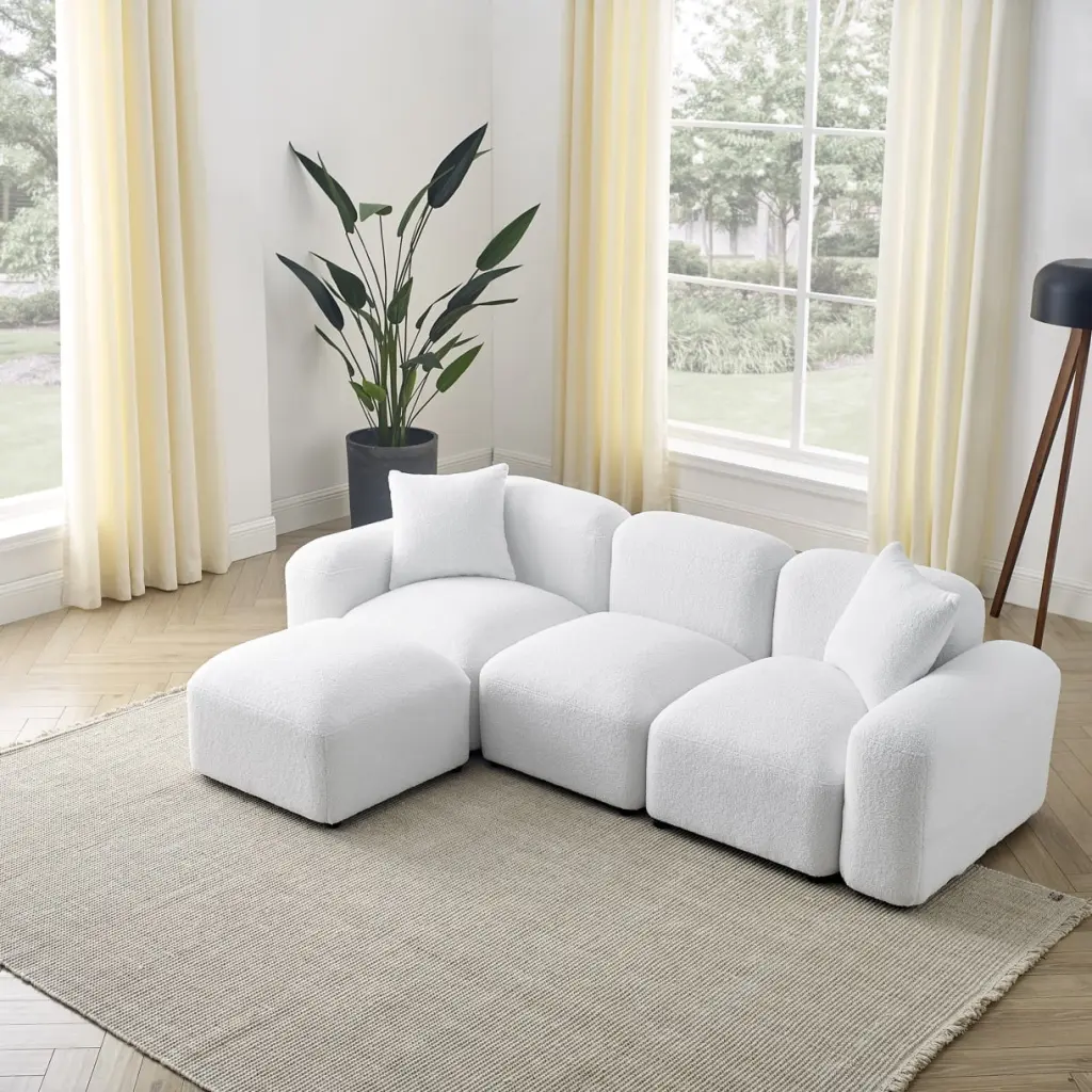 L-Shaped Convertible Modular Sectional Sofa Minimalist Teddy Fabric 4-Seat Couch Chaise Ottoman White JINS & VICO