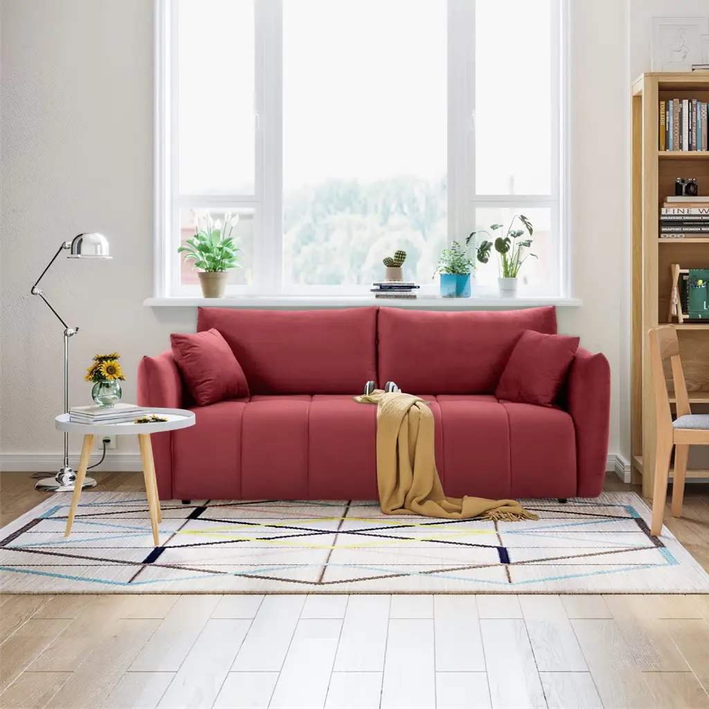 Kevinplus Modern Fabric Sectional Couch Sofa 3 Seater 2 Pillows Living Room Bedroom Office Apartment Wine Red