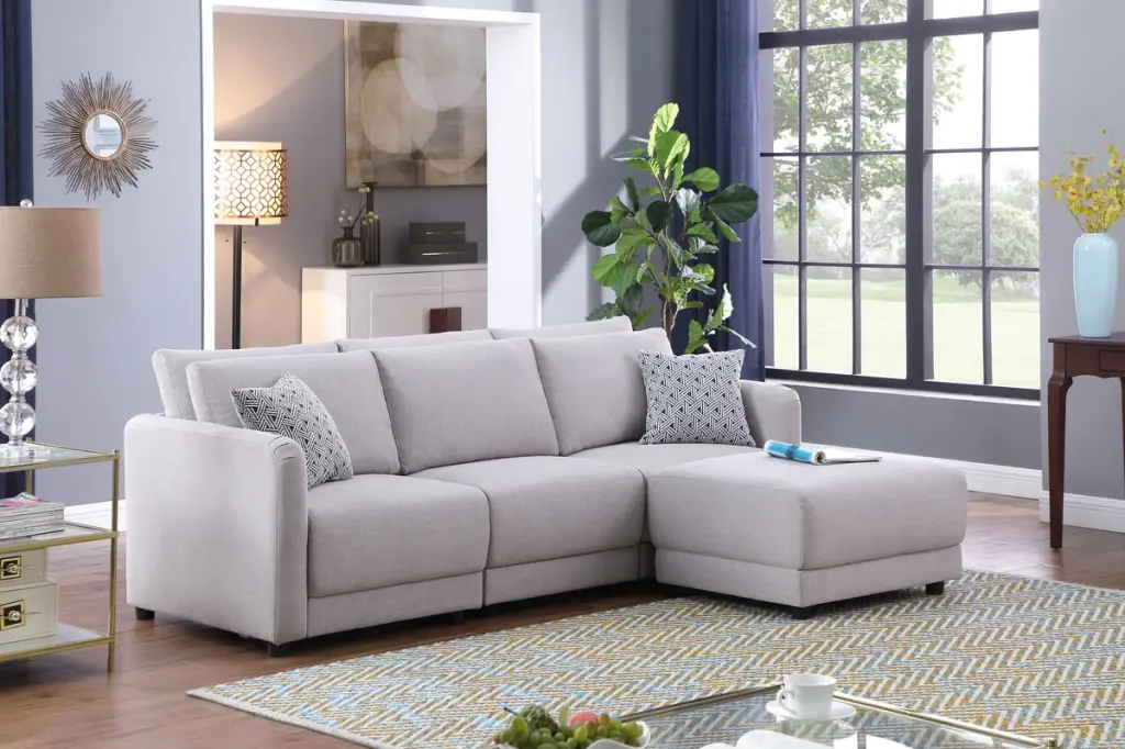 Penelope Light Gray Linen Fabric Sofa Ottoman and Pillows Lilola Home