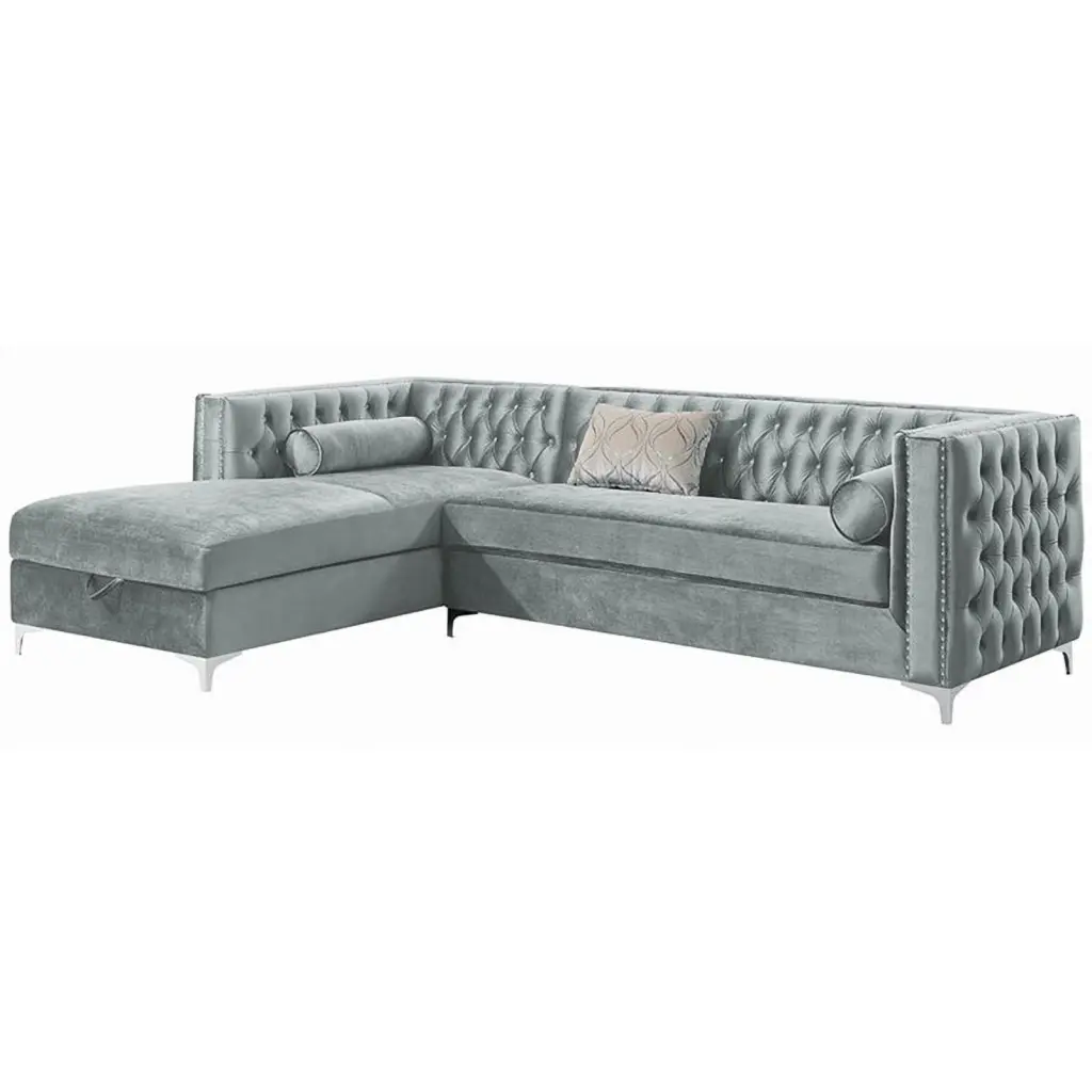 Maklaine Velvet Tufted Left Facing Storage Sectional Silver