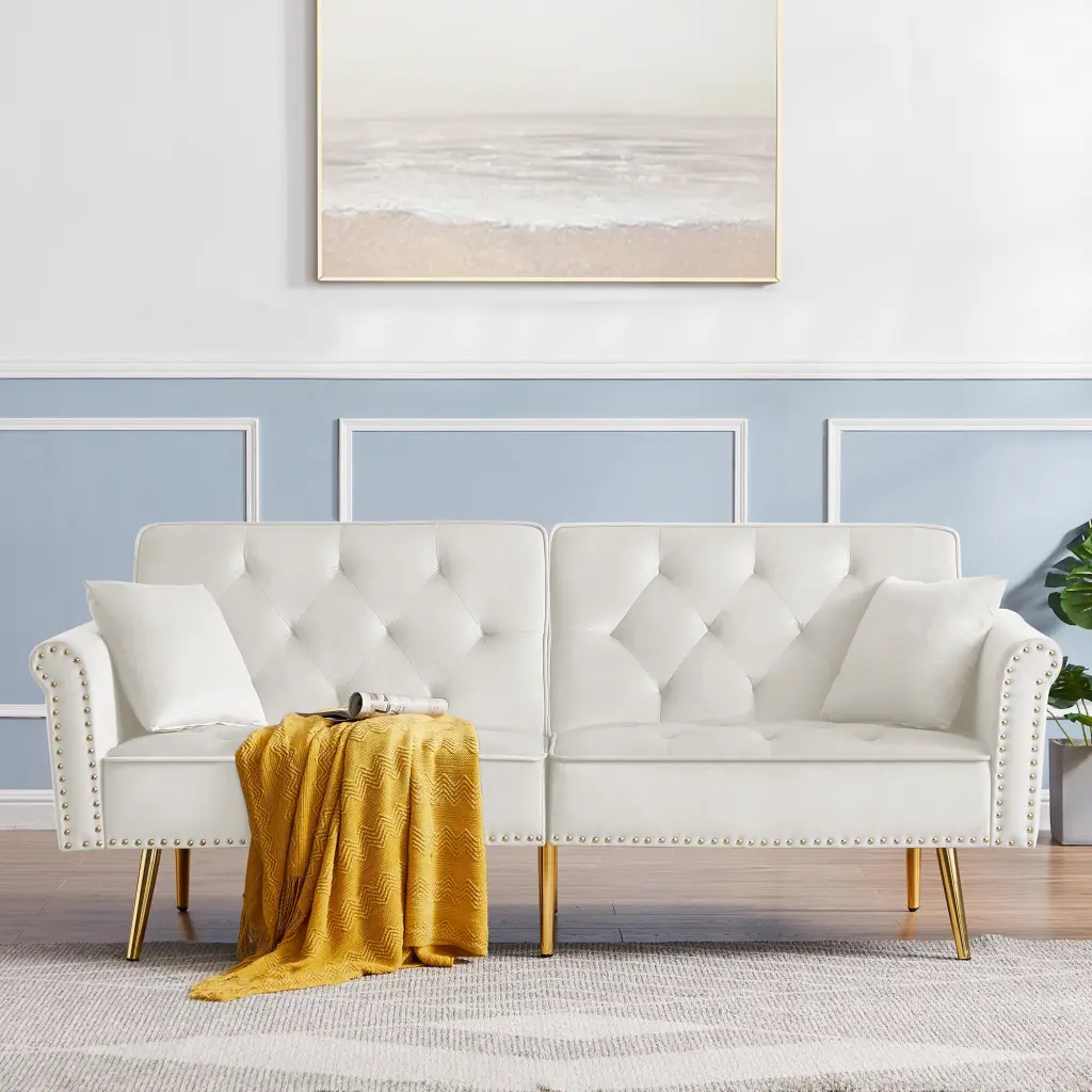 Beige Velvet Tufted Sofa Couch 2 Pillows and Nailhead Trim Classic Style OMCCHK