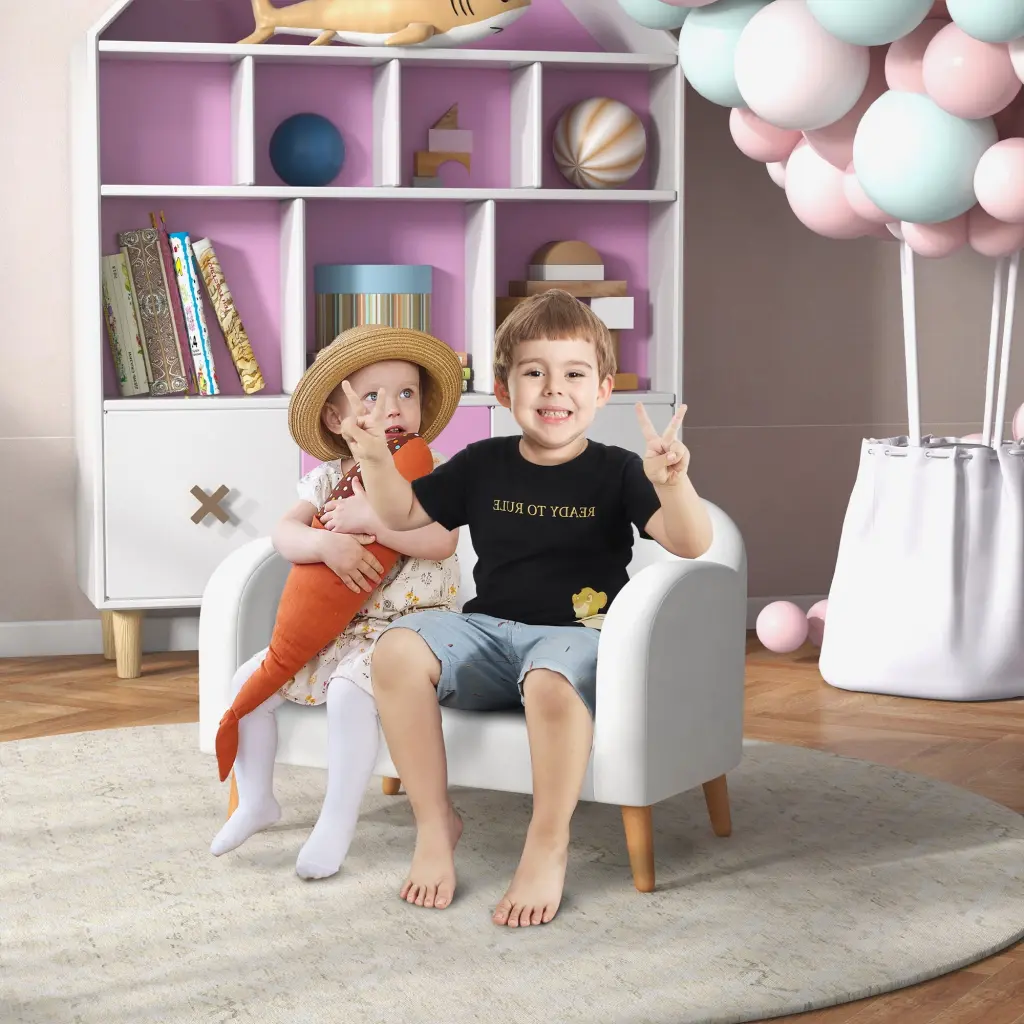 Qaba 2 Seater Kids Sofa Soft Foam Padded Anti-Tipping Design White