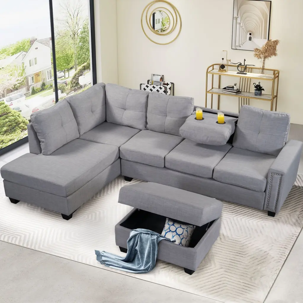 Velvet Upholstered L-Shaped Sectional Sofa Storage Ottoman Reversible Chaise Lounge Cup Holders Triple Tree