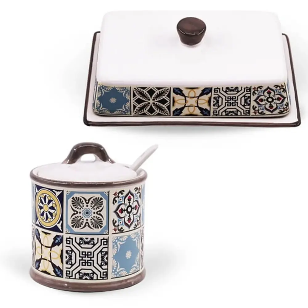 Earthenware sugar bowl Holiday Porto Maestro, Capacity 300ml, Set includes - ceramic spoon, MR-20005-09 + ceramic butter b...