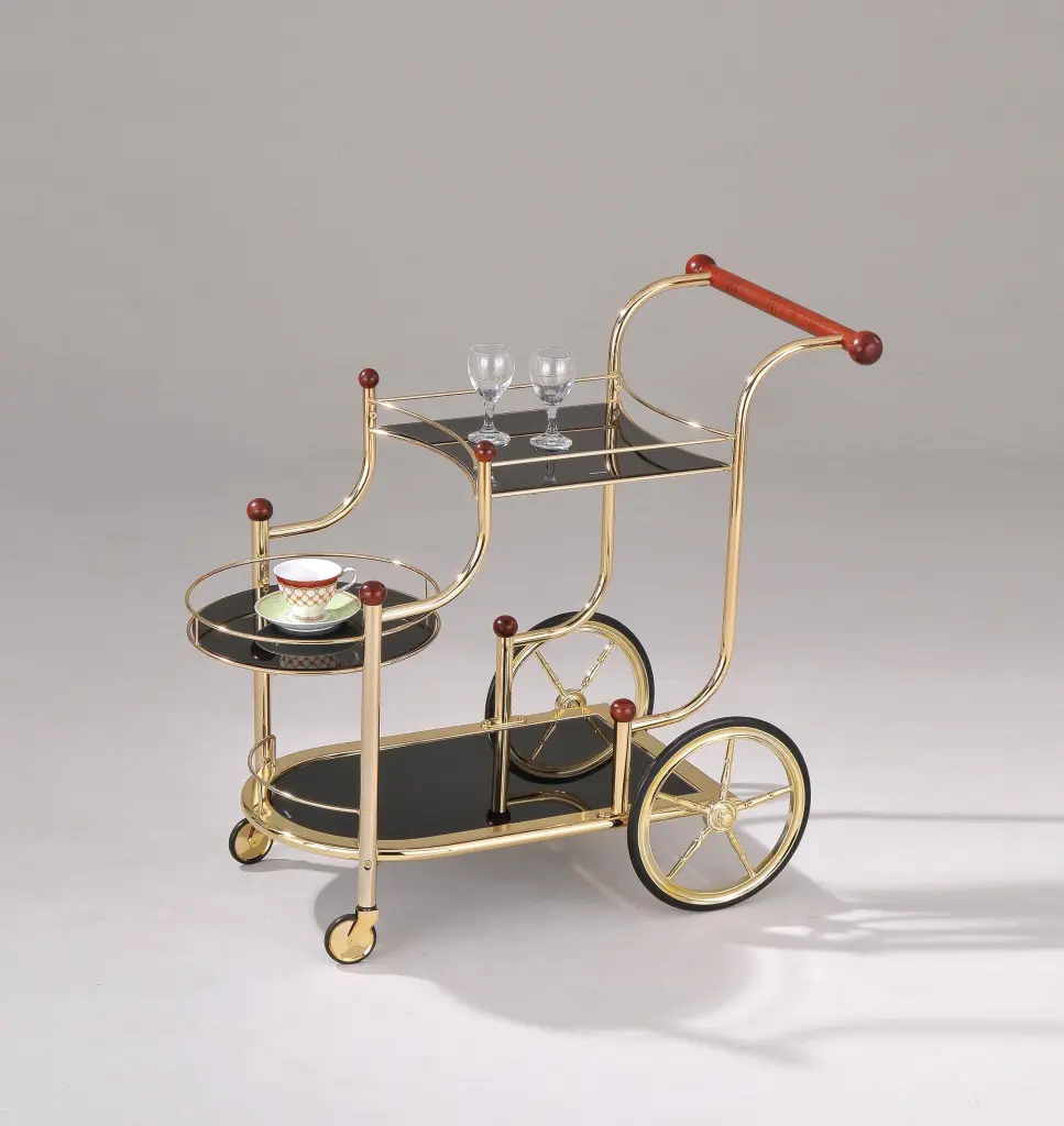 Lacy Gold Plated Black Glass Serving Cart - Elegant Rolling Bar Cart Storage