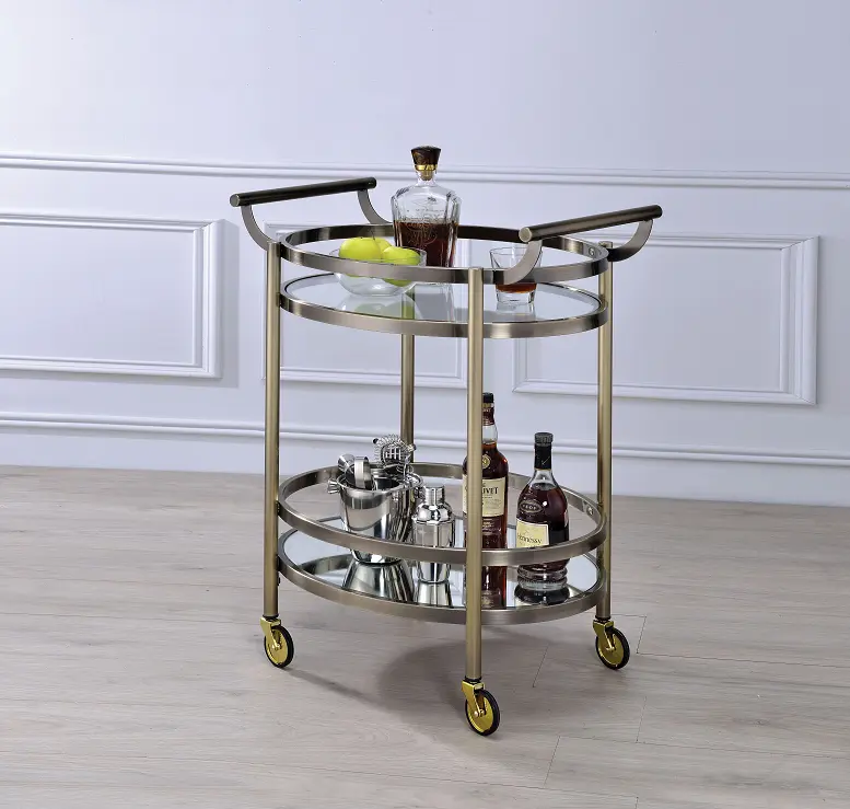 Lakelyn Brushed Bronze Clear Glass Serving Cart - Rustic Rolling Kitchen Cart