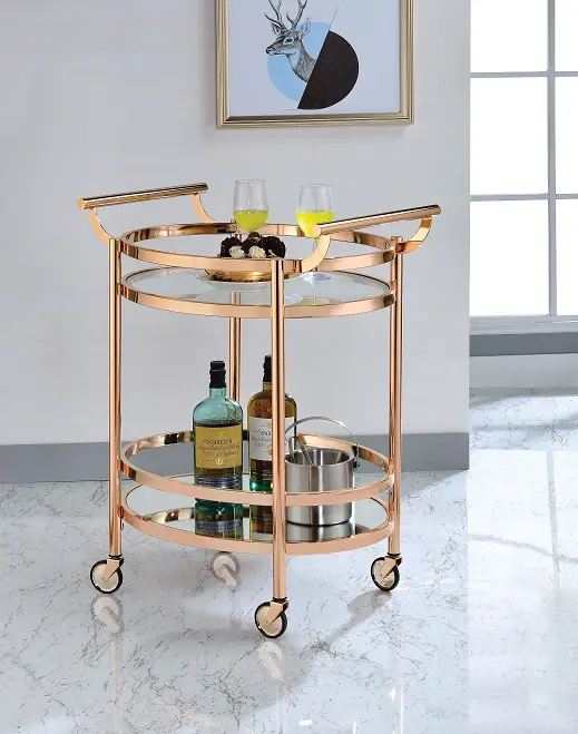 Lakelyn Rose Gold Clear Glass Serving Cart - Chic Mobile Bar Cart Home