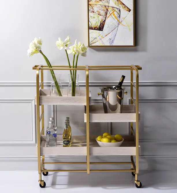 Vorrik Gold & White-Washed Serving Cart - Rustic Kitchen Utility Cart