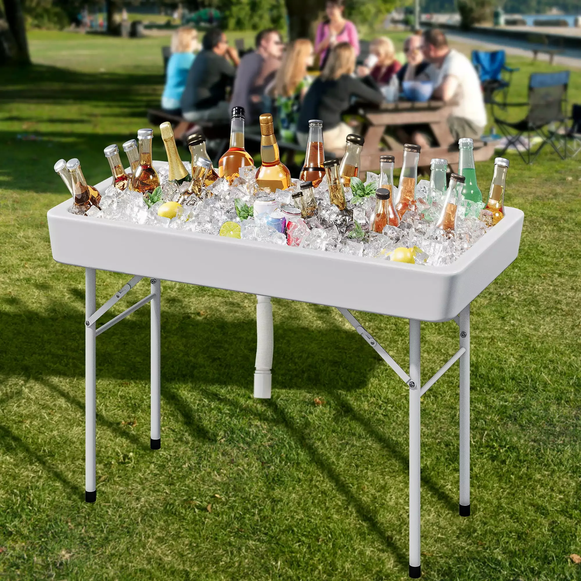 Dextrus Ice Table 4FT Folding Ice Cooler Table Drain and Skirt Food Beverage Buffet Server Portable Party Ice Bin Table BB...