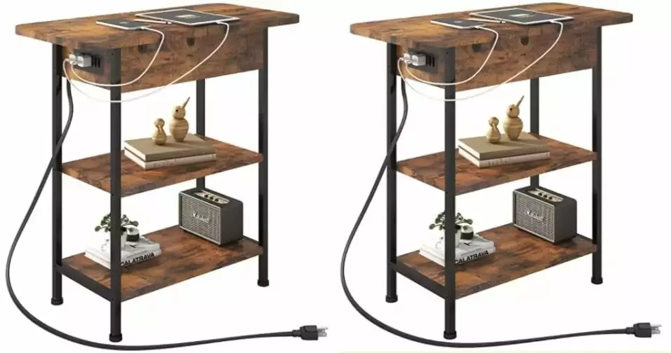 Set 2 Bedside Tables Charging Station and Flip Top Shelf IHEX