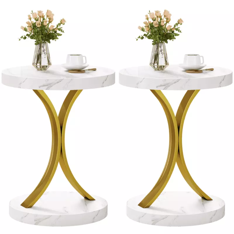 Set 2 Round End Tables Faux Marble Top Nightstands NOBRAND