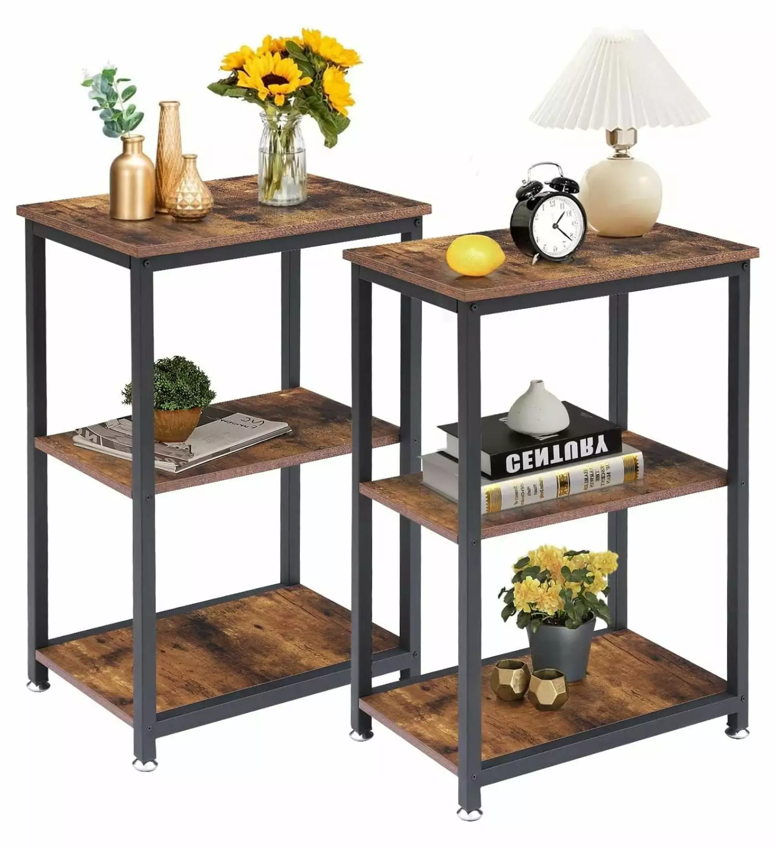 TiaGOC Tall End Side Tables Set 2 3-Tier Storage Shelf Nightstand Dark Brown