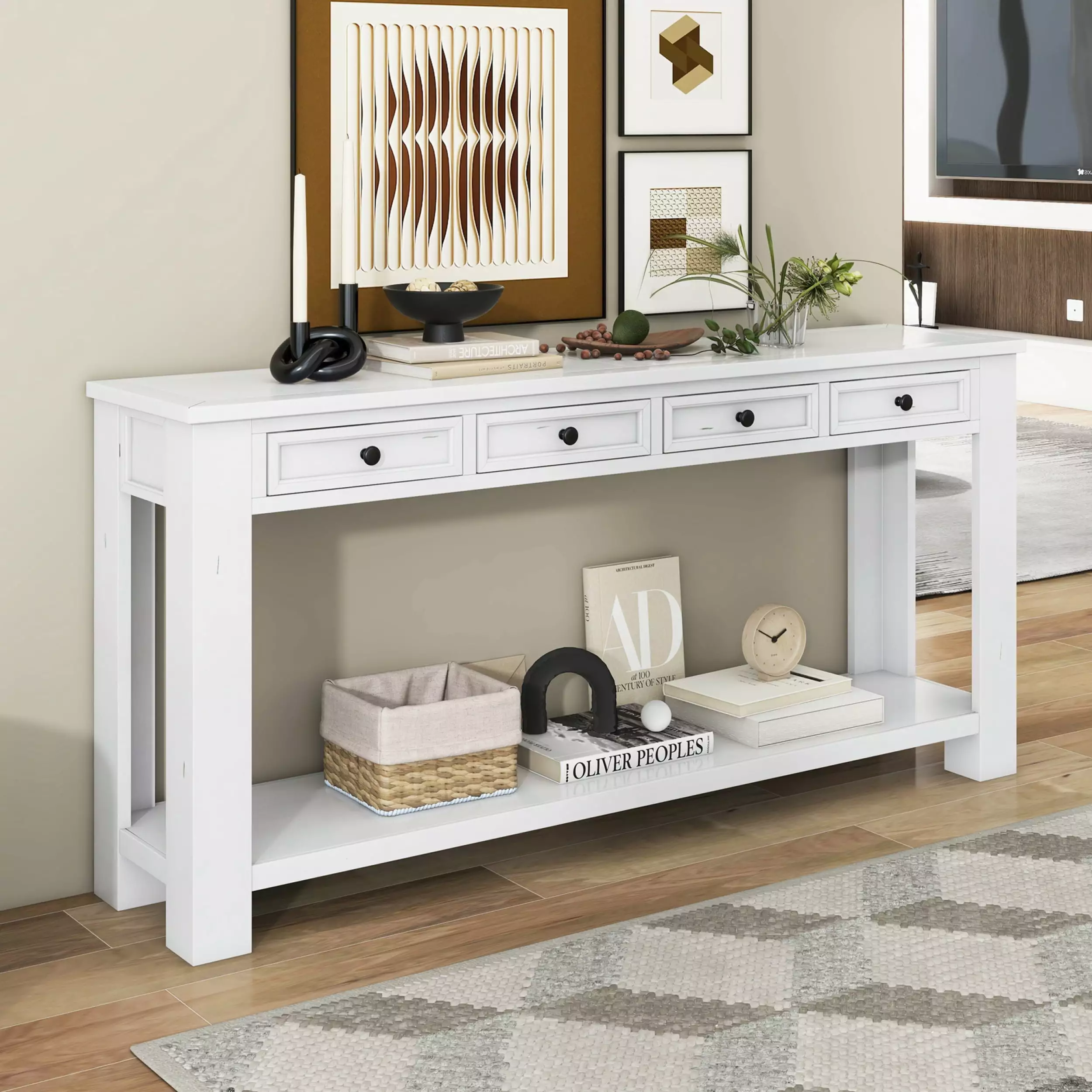 Antique White Console Table Storage Drawers and Bottom Shelf Entryway Console Miekor
